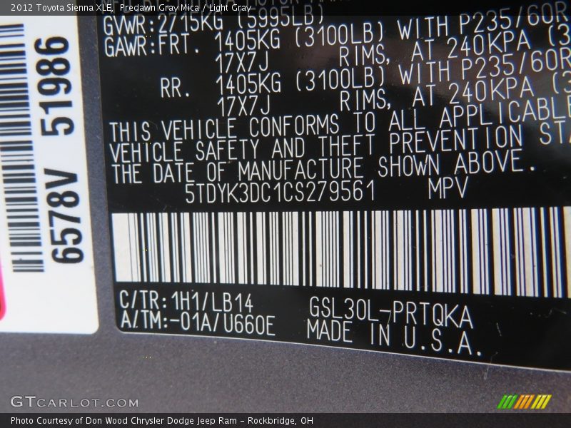 Predawn Gray Mica / Light Gray 2012 Toyota Sienna XLE