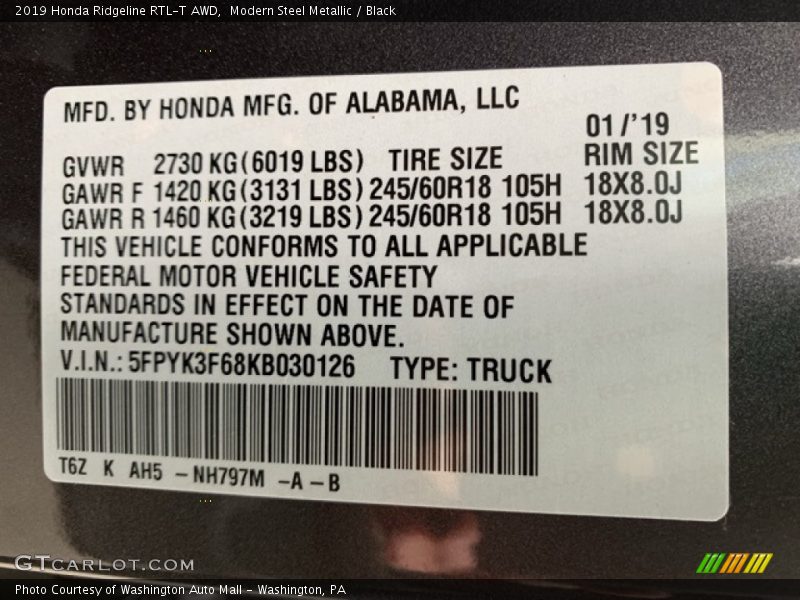 Modern Steel Metallic / Black 2019 Honda Ridgeline RTL-T AWD