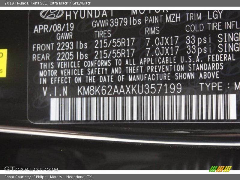 2019 Kona SEL Ultra Black Color Code MZH