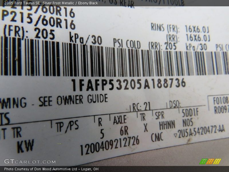Silver Frost Metallic / Ebony Black 2005 Ford Taurus SE