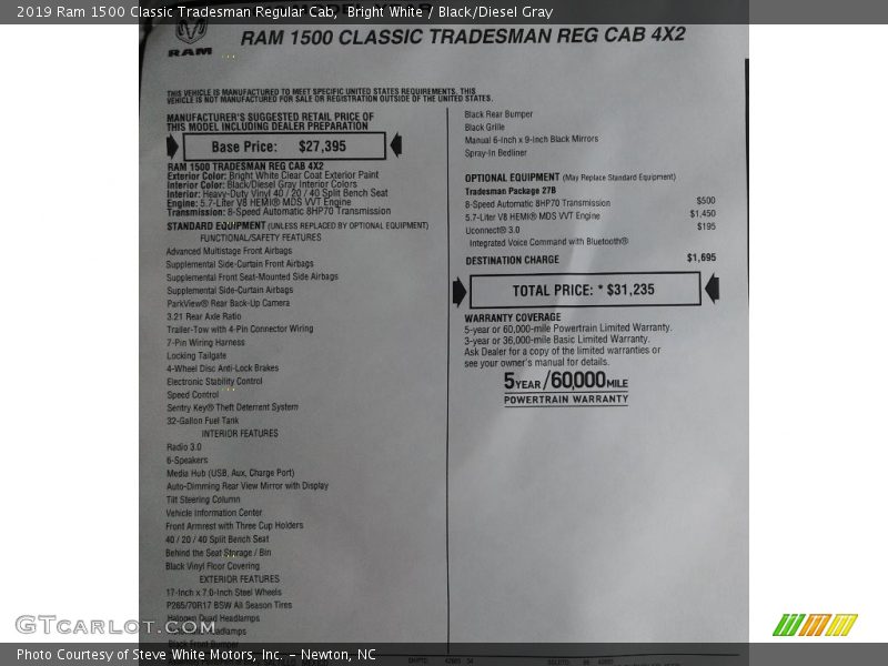 Bright White / Black/Diesel Gray 2019 Ram 1500 Classic Tradesman Regular Cab