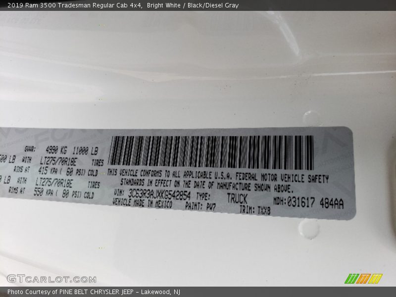 2019 3500 Tradesman Regular Cab 4x4 Bright White Color Code PW7