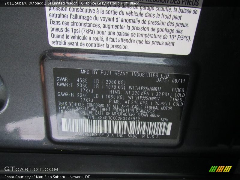 Graphite Gray Metallic / Off Black 2011 Subaru Outback 2.5i Limited Wagon