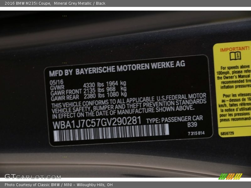 Mineral Grey Metallic / Black 2016 BMW M235i Coupe