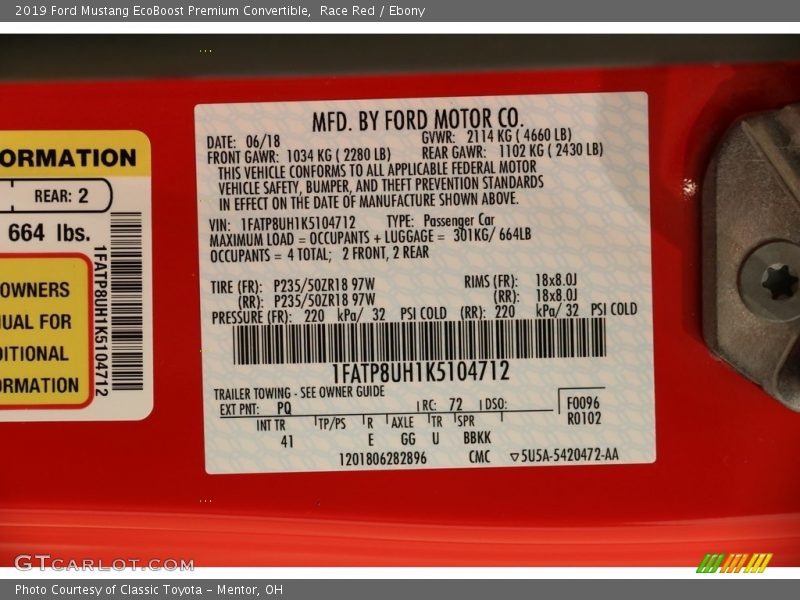 2019 Mustang EcoBoost Premium Convertible Race Red Color Code PQ