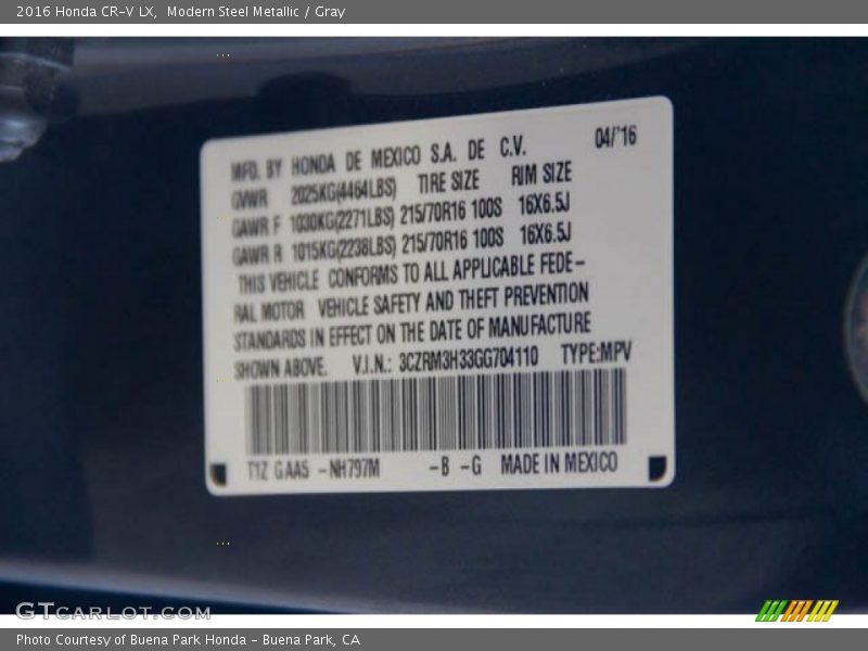 Modern Steel Metallic / Gray 2016 Honda CR-V LX