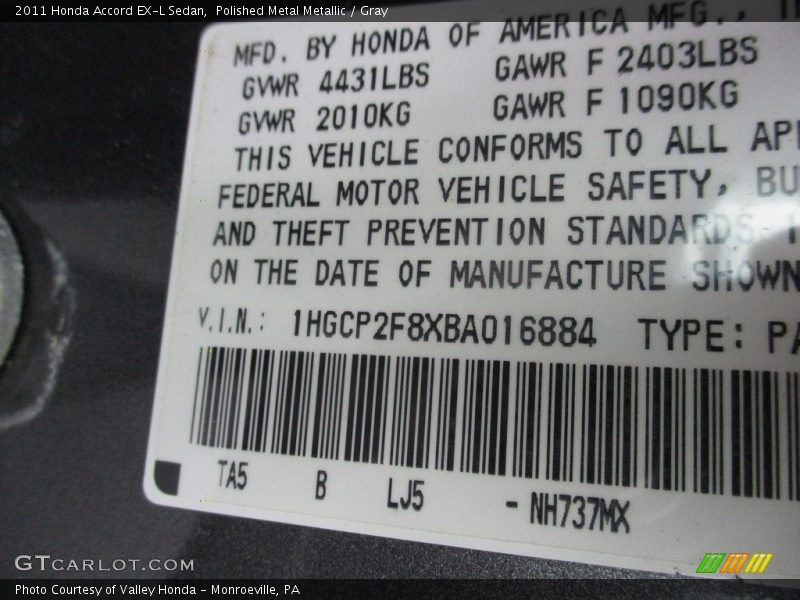 Polished Metal Metallic / Gray 2011 Honda Accord EX-L Sedan