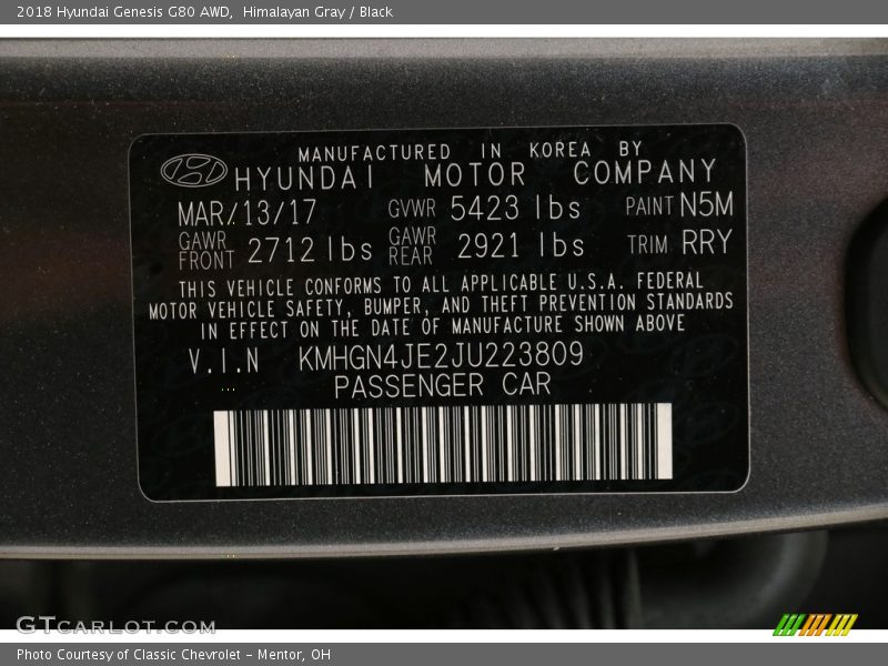 2018 Genesis G80 AWD Himalayan Gray Color Code N5M