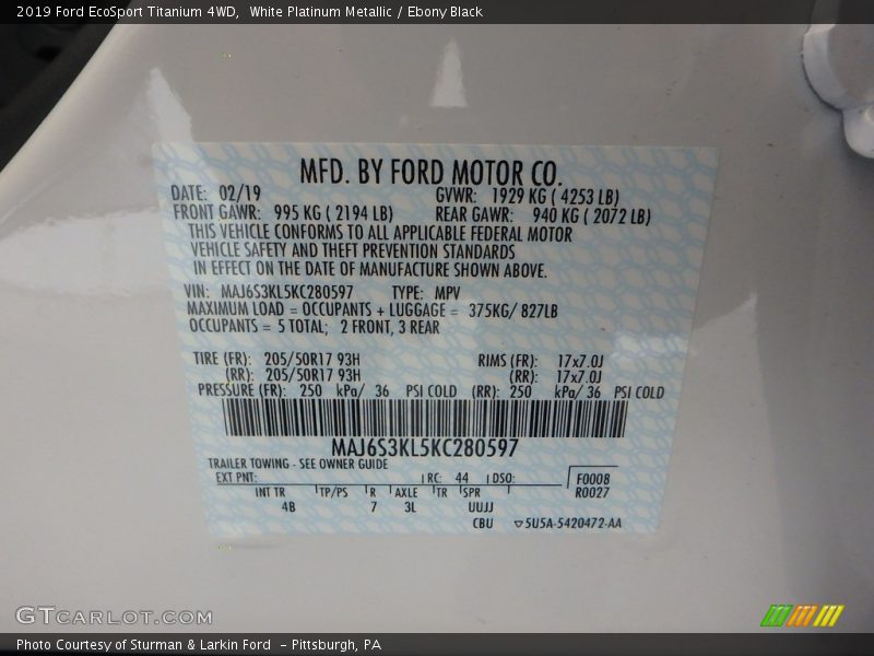 White Platinum Metallic / Ebony Black 2019 Ford EcoSport Titanium 4WD