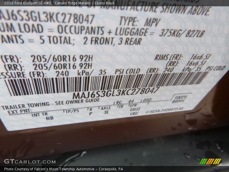 Canyon Ridge Metallic / Ebony Black 2019 Ford EcoSport SE 4WD