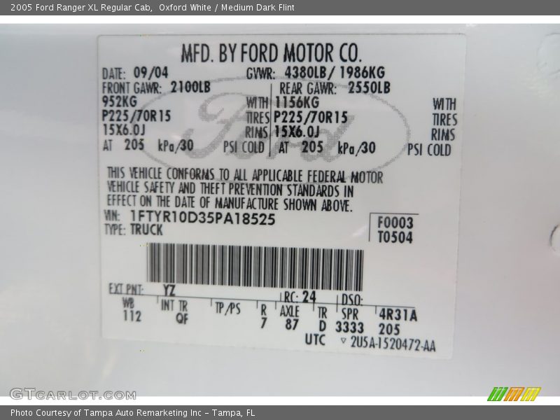 Oxford White / Medium Dark Flint 2005 Ford Ranger XL Regular Cab