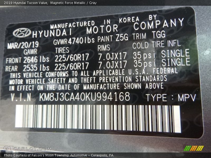 Magnetic Force Metallic / Gray 2019 Hyundai Tucson Value
