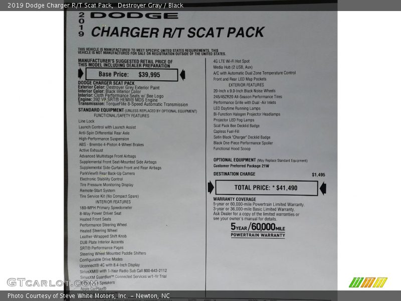 Destroyer Gray / Black 2019 Dodge Charger R/T Scat Pack