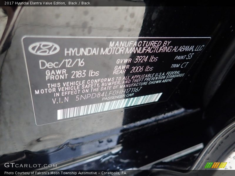 Black / Black 2017 Hyundai Elantra Value Edition
