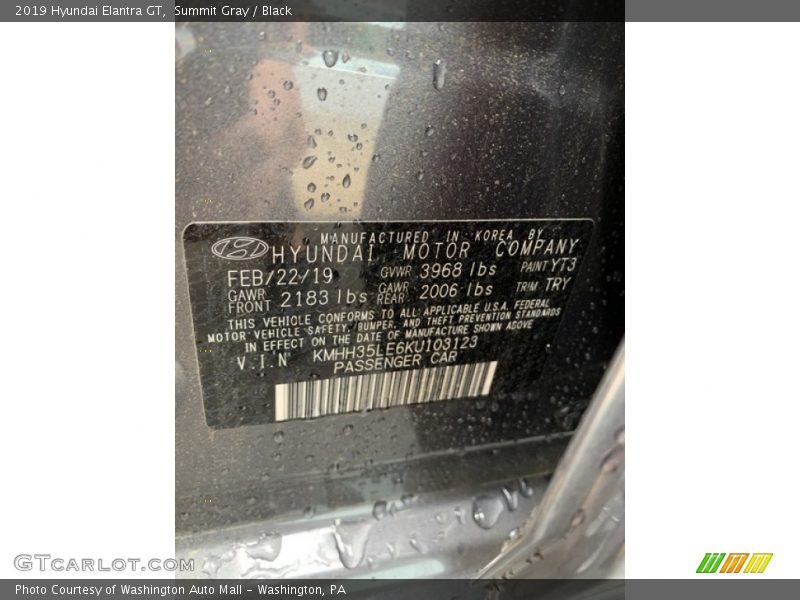 2019 Elantra GT  Summit Gray Color Code YT3