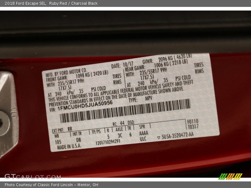Ruby Red / Charcoal Black 2018 Ford Escape SEL