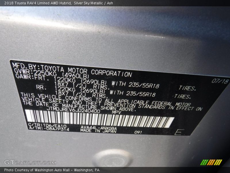 Silver Sky Metallic / Ash 2018 Toyota RAV4 Limited AWD Hybrid