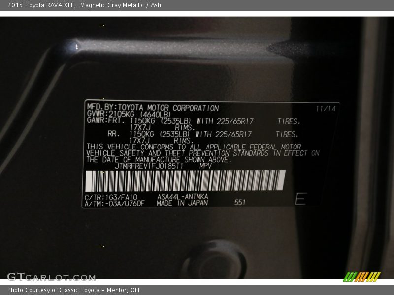 Magnetic Gray Metallic / Ash 2015 Toyota RAV4 XLE