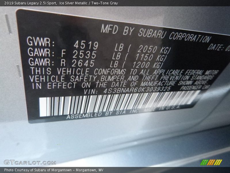 Ice Silver Metallic / Two-Tone Gray 2019 Subaru Legacy 2.5i Sport