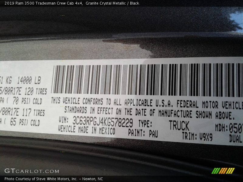 2019 3500 Tradesman Crew Cab 4x4 Granite Crystal Metallic Color Code PAU