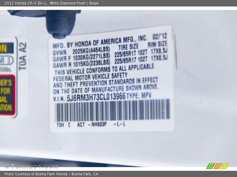 White Diamond Pearl / Beige 2012 Honda CR-V EX-L