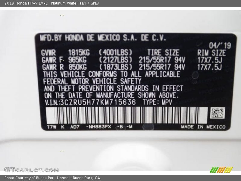 Platinum White Pearl / Gray 2019 Honda HR-V EX-L