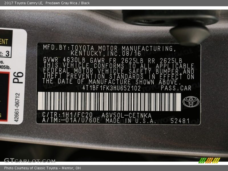 Predawn Gray Mica / Black 2017 Toyota Camry LE