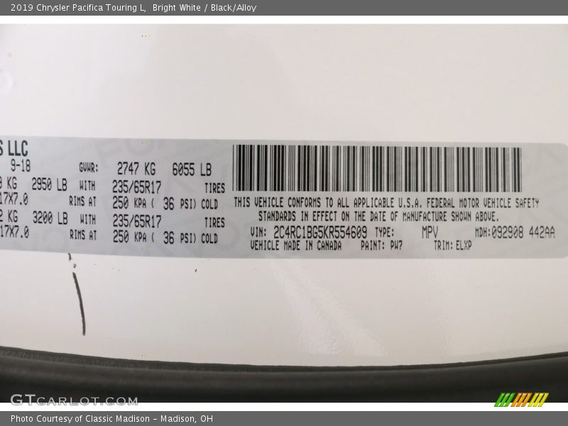 Bright White / Black/Alloy 2019 Chrysler Pacifica Touring L