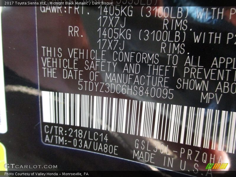 Midnight Black Metallic / Dark Bisque 2017 Toyota Sienna XLE