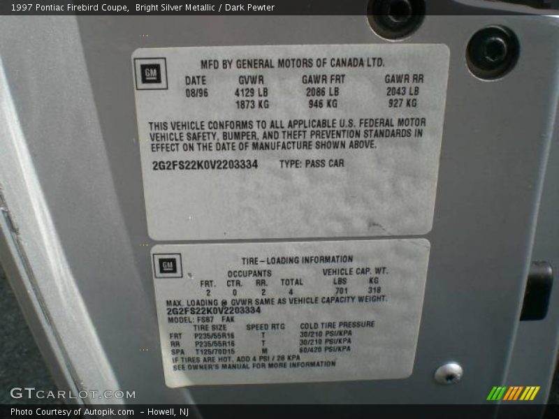 Bright Silver Metallic / Dark Pewter 1997 Pontiac Firebird Coupe