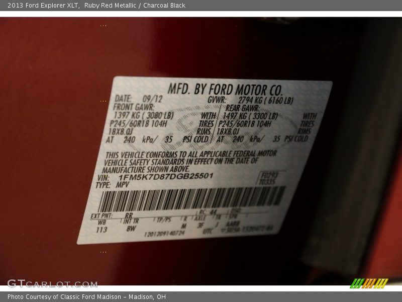 Ruby Red Metallic / Charcoal Black 2013 Ford Explorer XLT
