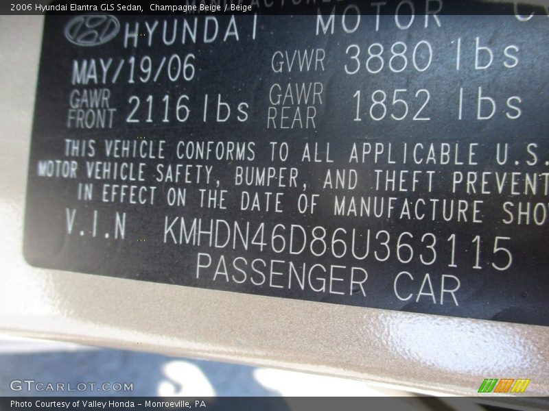 Champagne Beige / Beige 2006 Hyundai Elantra GLS Sedan