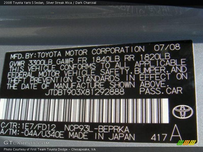 Silver Streak Mica / Dark Charcoal 2008 Toyota Yaris S Sedan