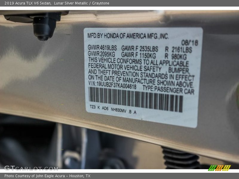 Lunar Silver Metallic / Graystone 2019 Acura TLX V6 Sedan