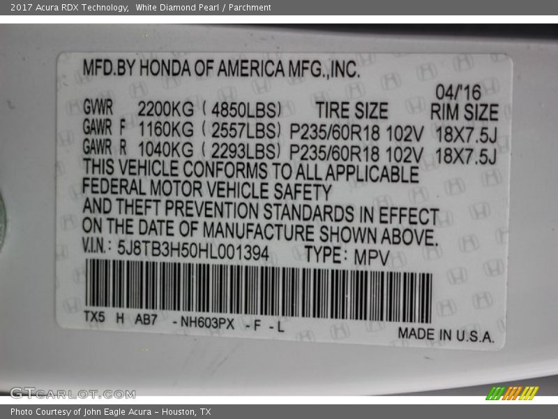 White Diamond Pearl / Parchment 2017 Acura RDX Technology