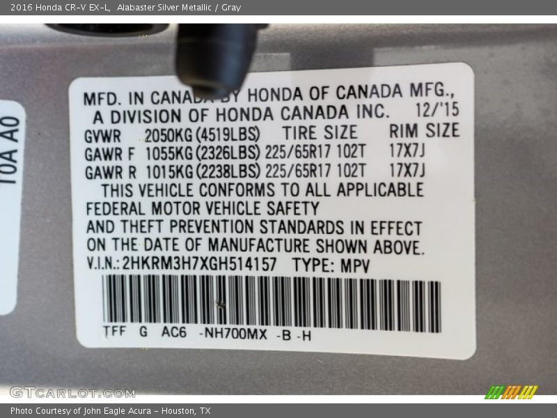 Alabaster Silver Metallic / Gray 2016 Honda CR-V EX-L