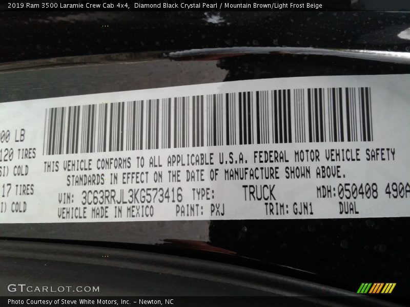 2019 3500 Laramie Crew Cab 4x4 Diamond Black Crystal Pearl Color Code PXJ