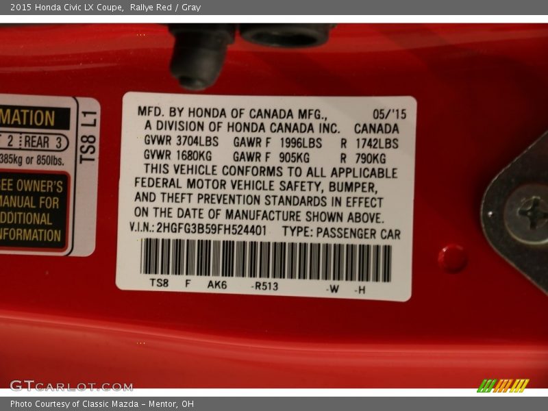 Rallye Red / Gray 2015 Honda Civic LX Coupe