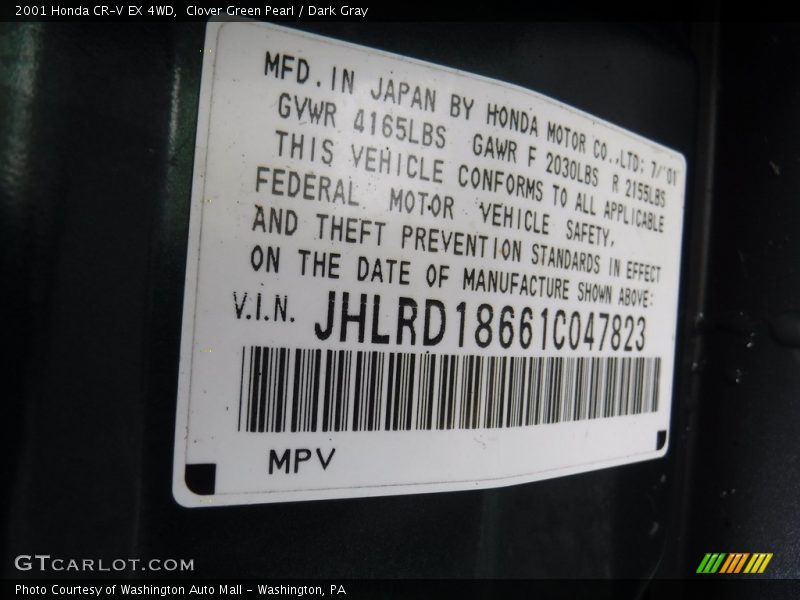 Clover Green Pearl / Dark Gray 2001 Honda CR-V EX 4WD