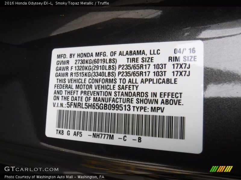 Smoky Topaz Metallic / Truffle 2016 Honda Odyssey EX-L