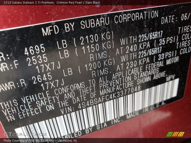 Crimson Red Pearl / Slate Black 2019 Subaru Outback 2.5i Premium