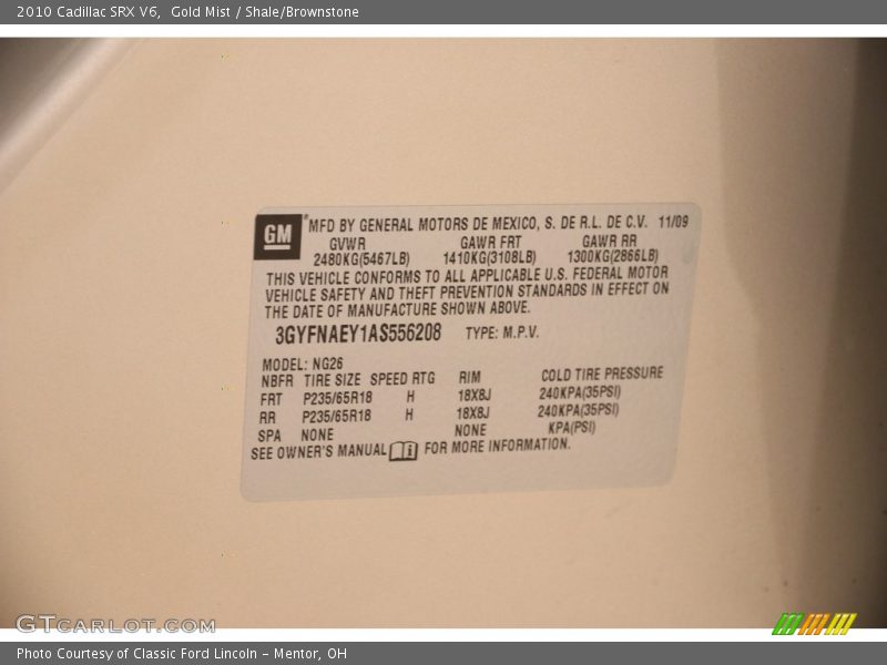 Gold Mist / Shale/Brownstone 2010 Cadillac SRX V6