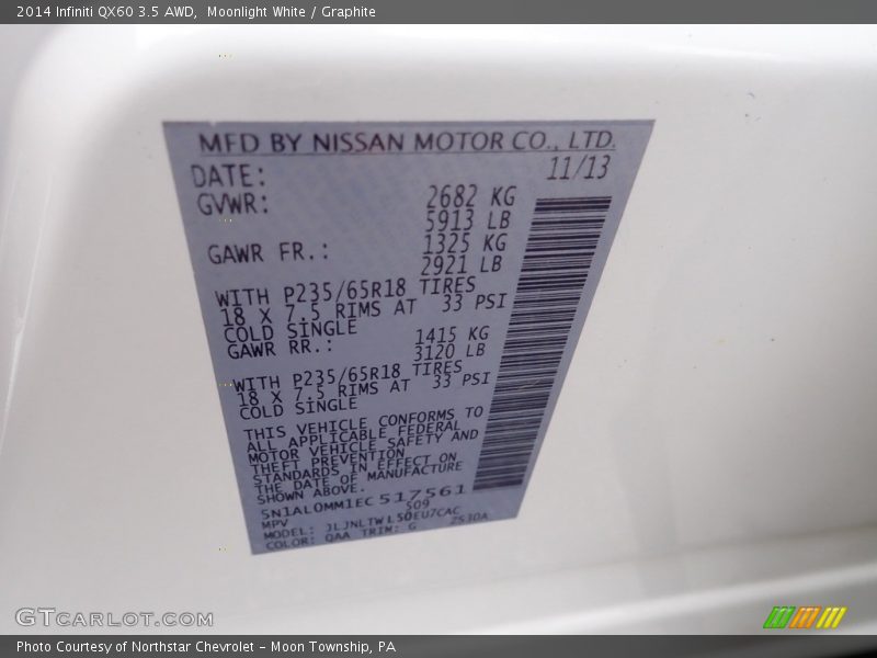 Moonlight White / Graphite 2014 Infiniti QX60 3.5 AWD
