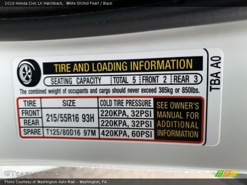 White Orchid Pearl / Black 2019 Honda Civic LX Hatchback