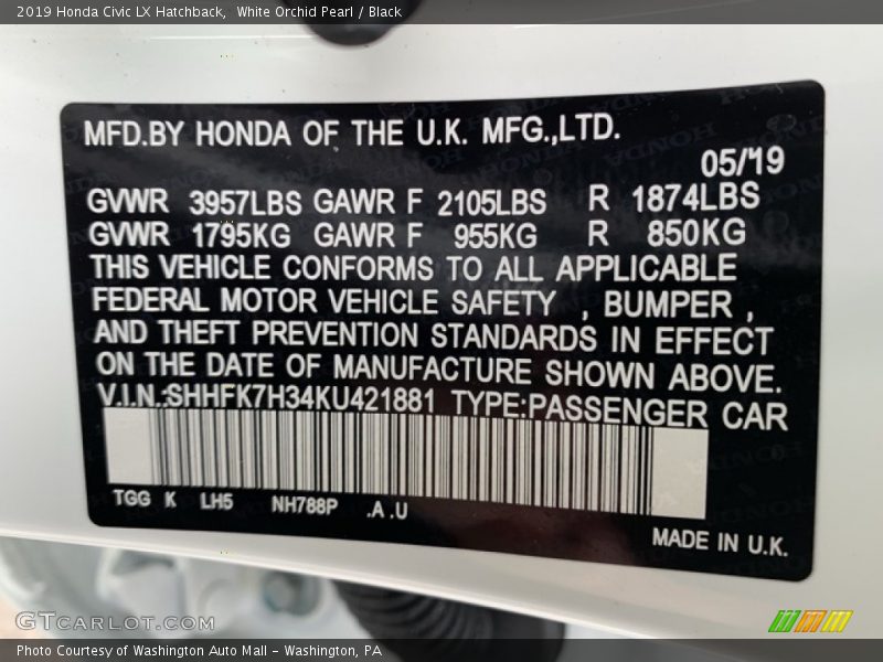 White Orchid Pearl / Black 2019 Honda Civic LX Hatchback