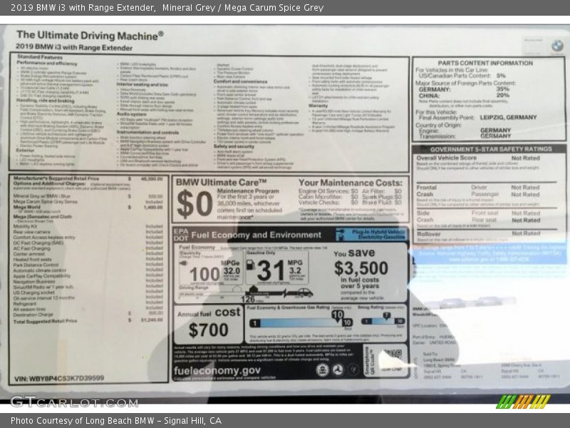 Mineral Grey / Mega Carum Spice Grey 2019 BMW i3 with Range Extender