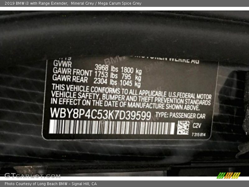 Mineral Grey / Mega Carum Spice Grey 2019 BMW i3 with Range Extender