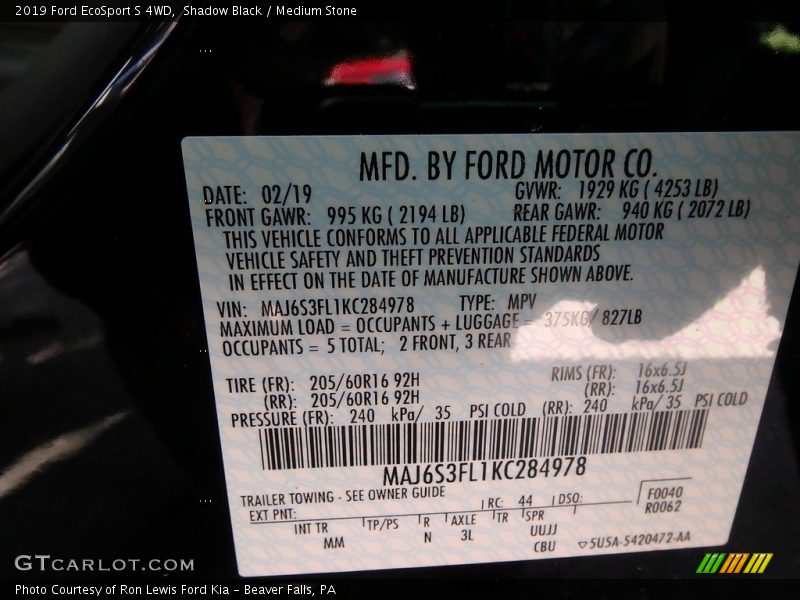 Shadow Black / Medium Stone 2019 Ford EcoSport S 4WD