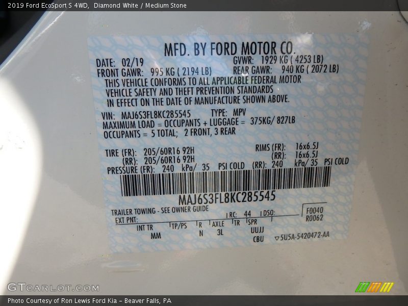 Diamond White / Medium Stone 2019 Ford EcoSport S 4WD