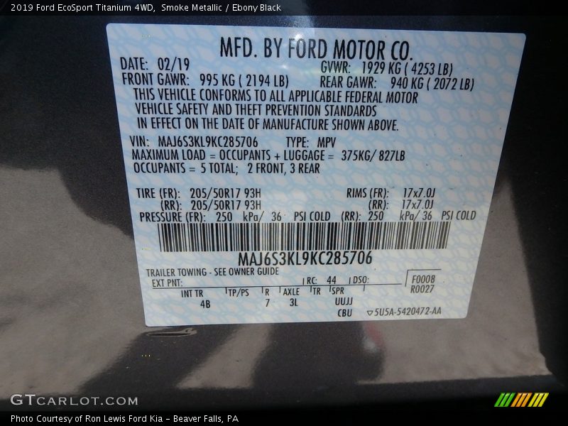Smoke Metallic / Ebony Black 2019 Ford EcoSport Titanium 4WD